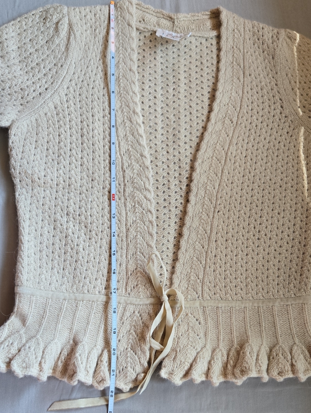 LOFT Lambswool Angora Knit Cardigan – Beige Short Sleeve Tie Front Sweater - S - Picture 6 of 10